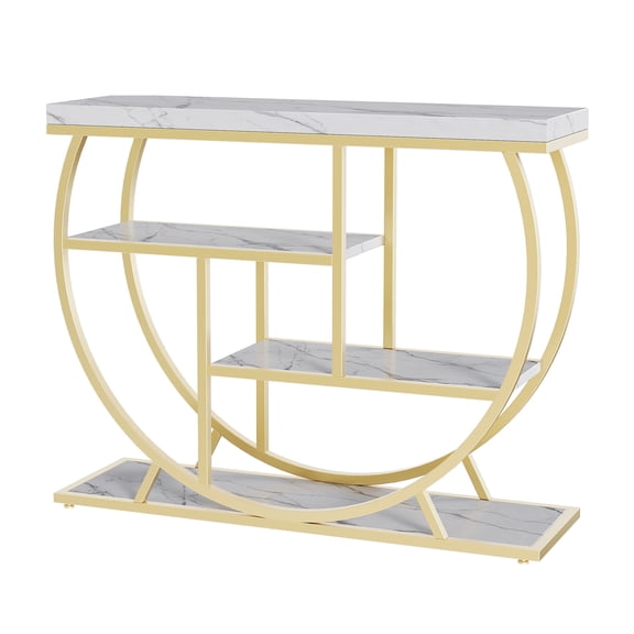 SOLLED Narrow 4-Tier Console Table, 39.4" Accent Table with Half-Moon Iron Base, Rustic MDF Shelves, Space-Saving Storage for Entryway, Hallway, Living Room, Industrial Farmhouse,White