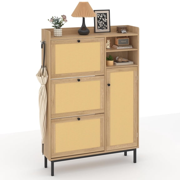 SOLLED Natural Rattan Shoe Cabinet with 3 Flip Drawers & 5-Level Shelves, Freestanding Entryway Shoe Organizer, Adjustable Storage for Hallway, Closet & Kids, Anti-Tip,Natural