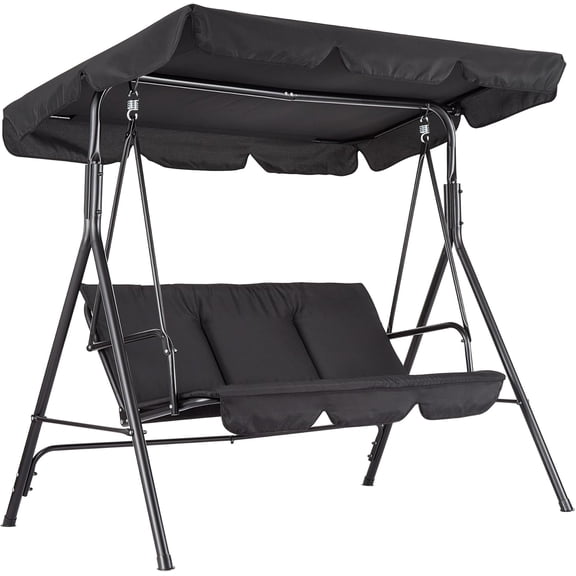 SOLLED Outdoor Porch Swing Chair with Adjustable Canopy, 3-Seat Patio Glider Bench with Thick Cushions & Steel Frame for Backyard Lawn Garden,Black
