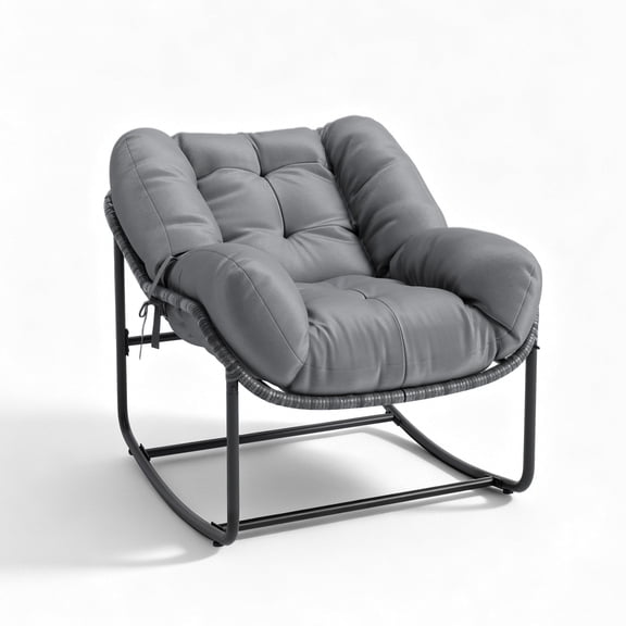 SOLLED Oversized Papasan Rocking Chair, Egg-Shaped Patio Rocker with Plush Cushion, Waterproof Fabric, 330 lbs Capacity, Indoor & Outdoor Use for Garden, Living Room,Gray