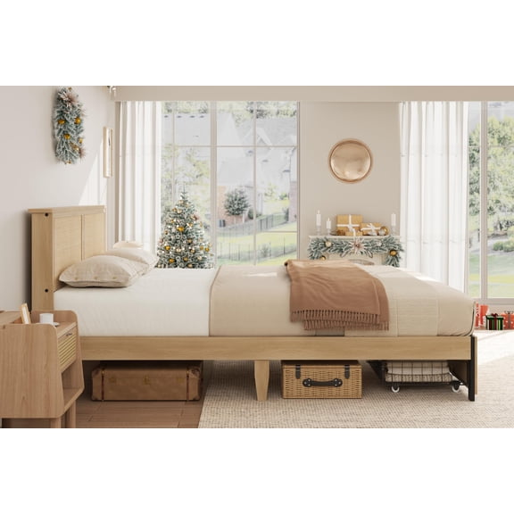 SOLLED Rattan Bed Frame King Size with 2 Storage Drawers, Boho Platform Bed with Natural Rattan Headboard, Wood Slats, No Box Spring Needed, Natural Brown