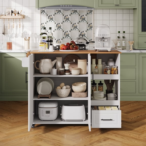 SOLLED Rolling Kitchen Island 48 Inch with Drop Leaf, Butcher Block Top, Storage Drawer & Spice Rack, Lockable Wheels for Small Kitchen
