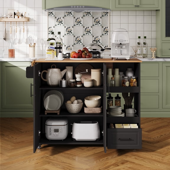 SOLLED Rolling Kitchen Island 48 Inch with Drop Leaf, Butcher Block Top, Storage Drawer & Spice Rack, Lockable Wheels for Small Kitchen