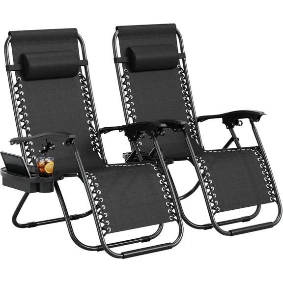 SOLLED Weightless Reclining Chair Set of 2, Folding Patio Lounge Chair with Detachable Tray & Cup Holder, Outdoor Camping Chairs for Backyard Poolside,Black