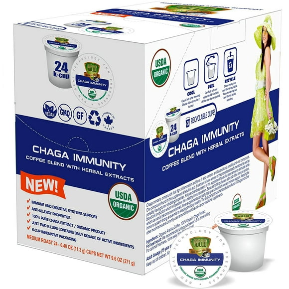 SOLLO Chaga Mushroom Infused Coffee Pods, Boost Focus & Immunity, Memory & Clarity, Medium Roast, Compatible With 2.0 K-Cup Keurig Brewers, Organic by USDA, No After Taste, 24 Ct