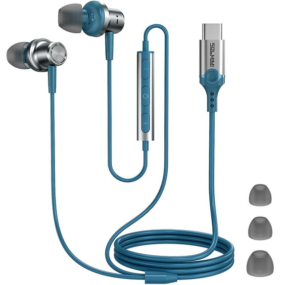 SOLMIMI USB-C Wired in-Ear Earphones, Noise Cancelling Type-C Headphones with Mic Volume Control Bass Stereo for Music Game Chat, Blue