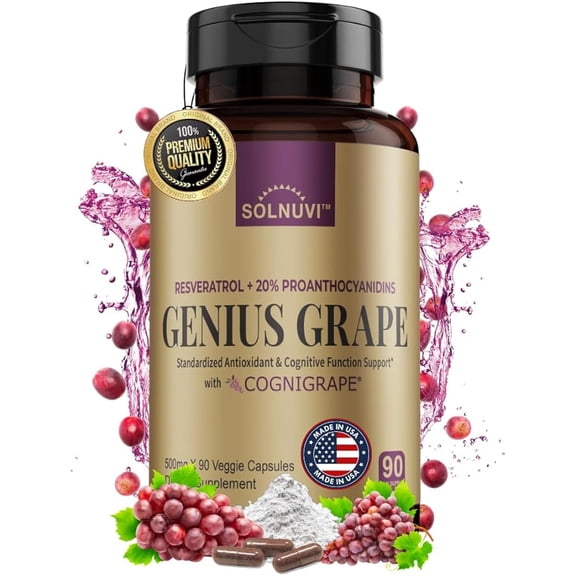 SOLNUVI Genius Grape Resveratrol Complex - Cognigrape Red Grape Extract - Brain Health & Cognitive Support - 90 Veggie Capsules