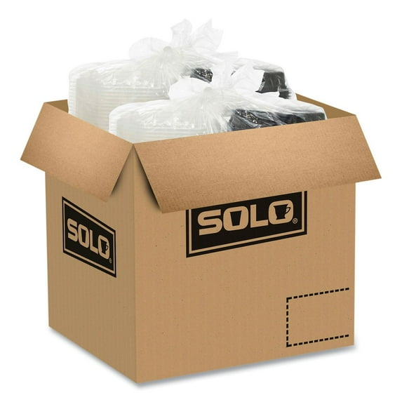 SOLO 809014-PP94 OctaView 9.55 in. x 9.1 in. x 2.4 in. 38 oz. 3-Compartment Plastic Hinged-Lid Hot Food Containers - Black/Clear (100/Carton)