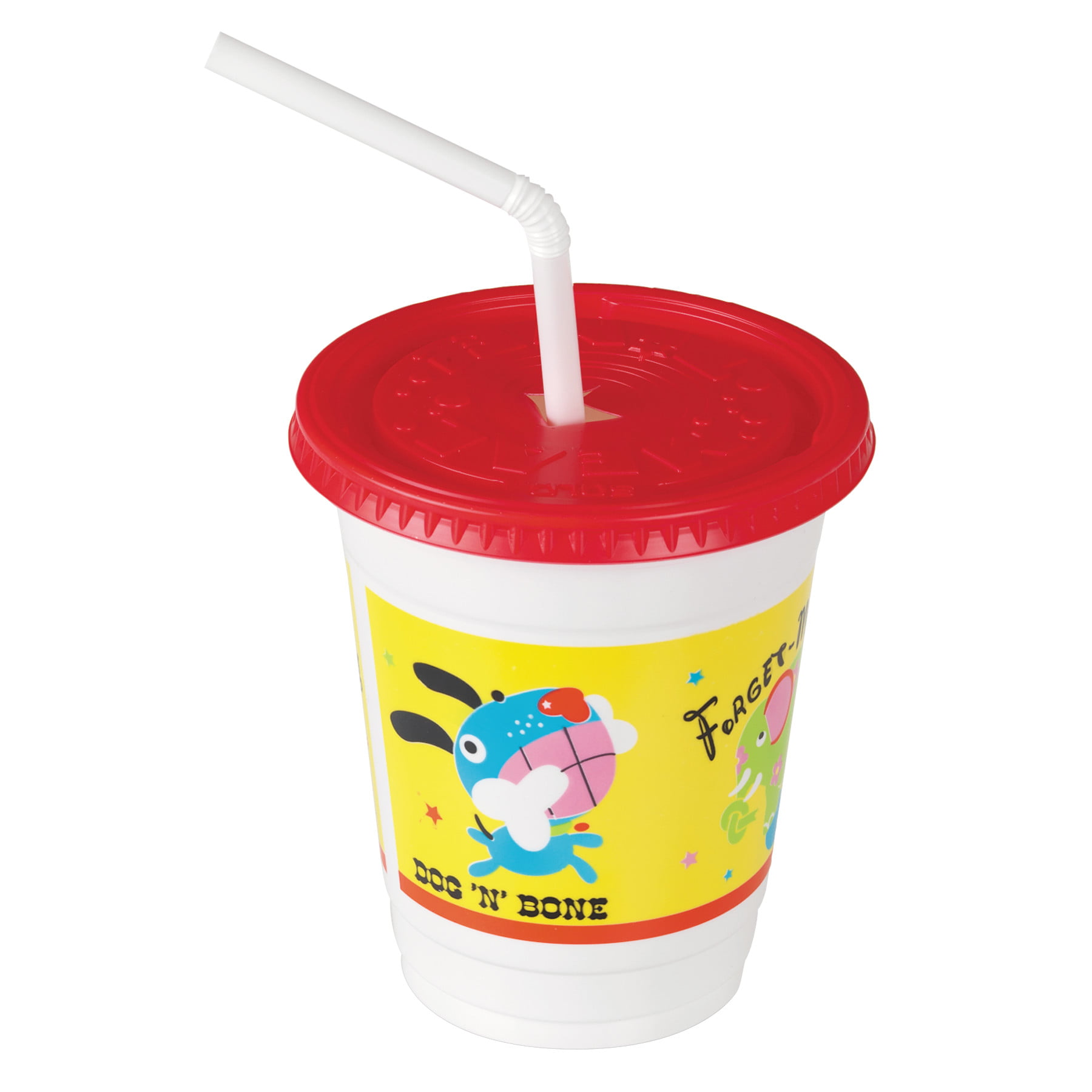 50 Pack] 12 OZ Plastic Kids Cup with Lid and Straw - Spill Proot, BPA Free  & Food Safe Fun Cartoon Cups with Reusable Red Lids and Curly Straws for  Parites, Cold
