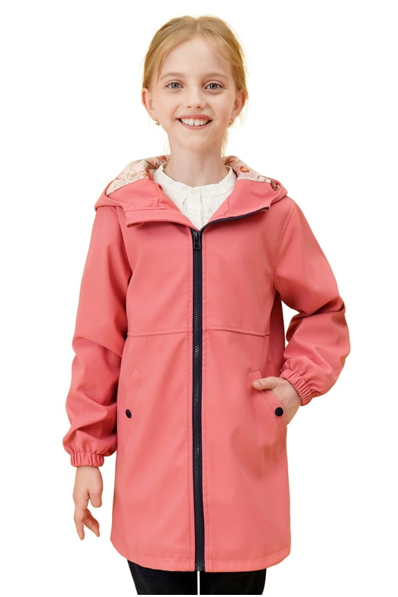 Girls Light Raincoat Kids Waterproof Long Rain Jacket Hooded Spring Fall Lined Windbreaker