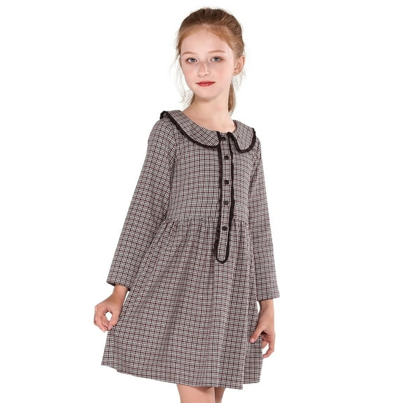 SOLOCOTE Girls Plaid Cotton Long Sleeve Peter Pan Classic Vintage School Dress