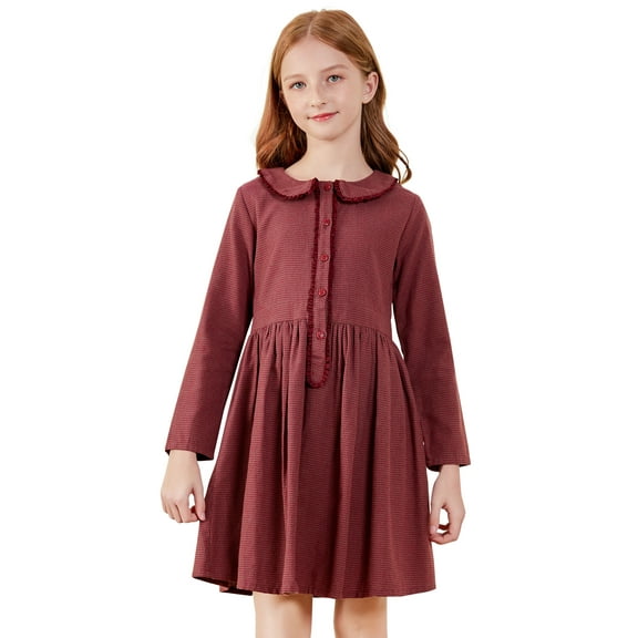 SOLOCOTE Girls Plaid Cotton Long Sleeve Peter Pan Classic Vintage School Dress