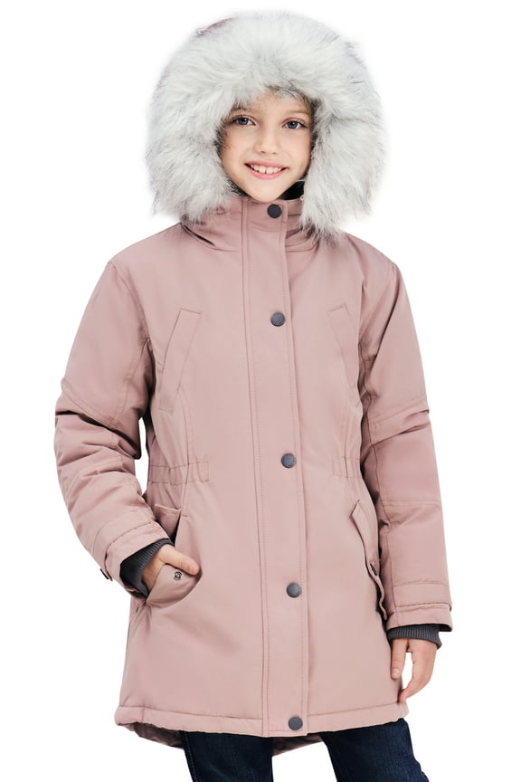 Girls Winter Coats Heavyweight Medium Length Warm Jacket With Removable Faux Fur Collar Hooded 5-14Y