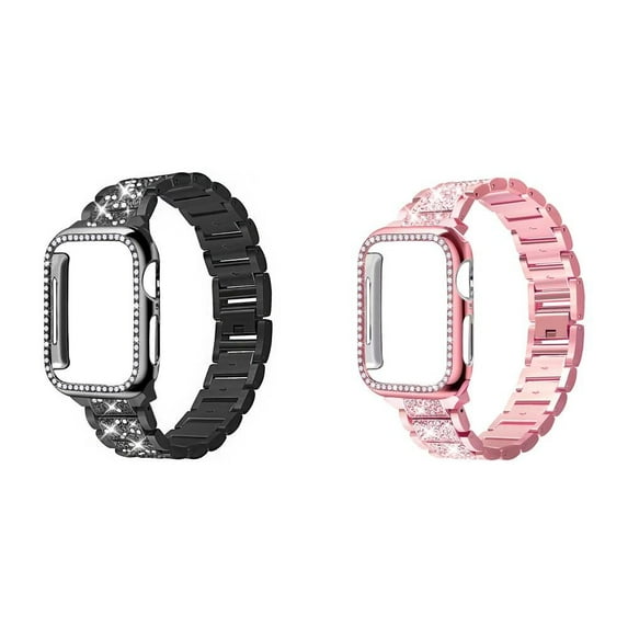 SOLOLUP 1/2Pack Bling Stainless Steel Band for Apple Watch Bands and Case 44mm 45mm 40mm 38mm 41mm 42mm Diamond Link Metal Strap Wristbands and Watch Cover Bumper for iWatch Series 8 7 SE 6 5 4 3 2 1