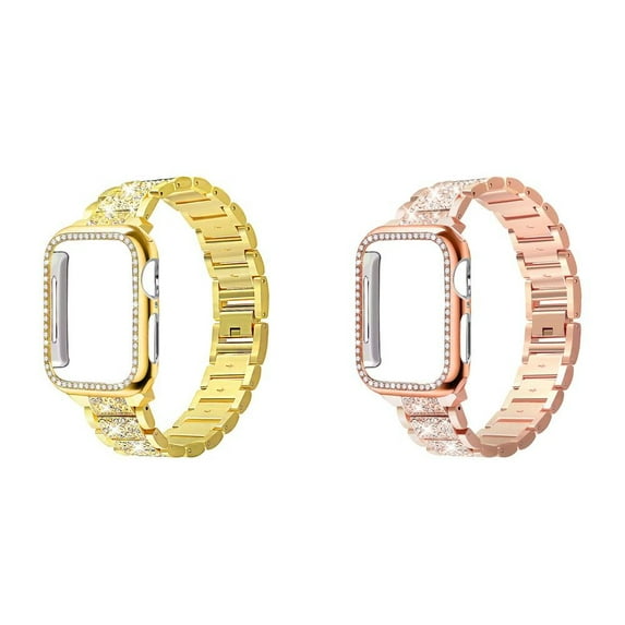 SOLOLUP 1/2Pack Bling Stainless Steel Band for Apple Watch Bands and Case 44mm 45mm 40mm 38mm 41mm 42mm Diamond Link Metal Strap Wristbands and Watch Cover Bumper for iWatch Series 8 7 SE 6 5 4 3 2 1