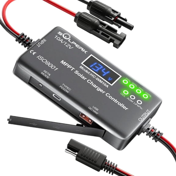 SOLPERK MPPT 10A 12V Solar Charge Controller with LCD Display, Panel Type-C and USB Output for Regulator Gel AGM Lead-Acid Lithium LiFePO4 Battery
