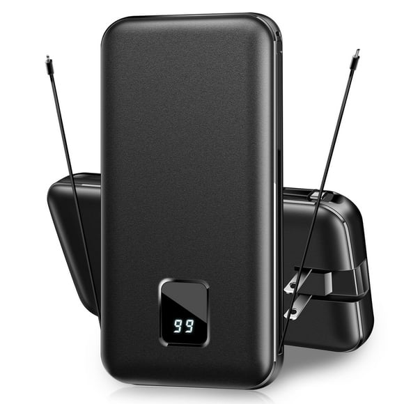 SOLPOWBEN 20000mAh Portable Charger Power Bank for iPhone, Cell Phone Portable Power Banks with Built-in Cables and AC Wall Plug, Dual USB Output Battery Pack for Android, Galaxy, Pixel (Black)