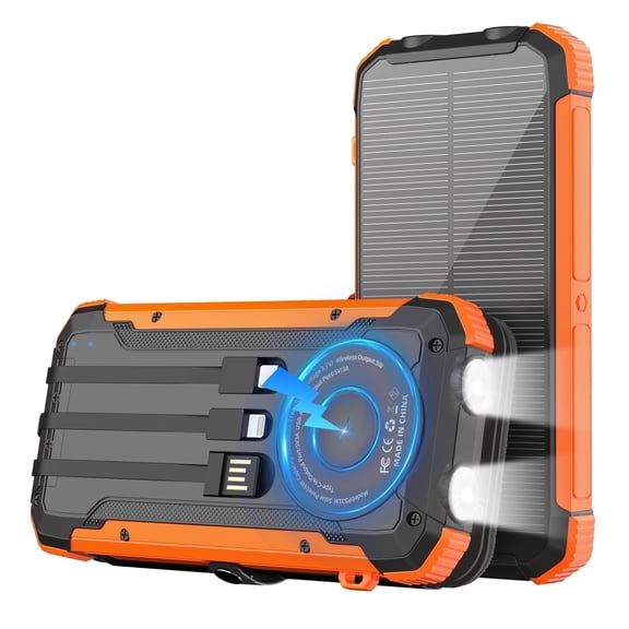 SOLPOWBEN Solar Power Bank,20000mAh Portable Charger with Built-in 3 Cable,18W Fast Charging&5W Wireless Charger,Compatible with iPhone,Android-Camping,Hiking,Travel Essentials(Orange)