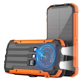 SOLPOWBEN Solar Power Bank,20000mAh Portable Charger with Built-in 3 Cable,18W Fast Charging&5W Wireless Charger,Compatible with iPhone,Android-Camping,Hiking,Travel Essentials(Orange)