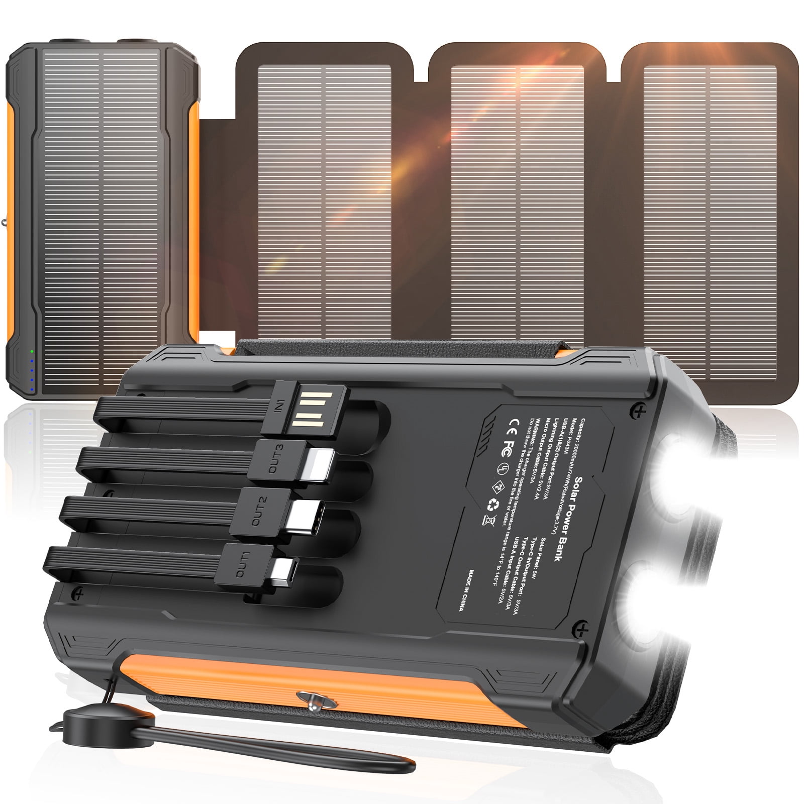 SOLPOWBEN 20000mAh Solar Power Bank with 4 Foldable Panels and 4 Built-In Cables, 15W Fast Charging  Portable Charger for Cell Phone, Dual LED Flashlights  Batt