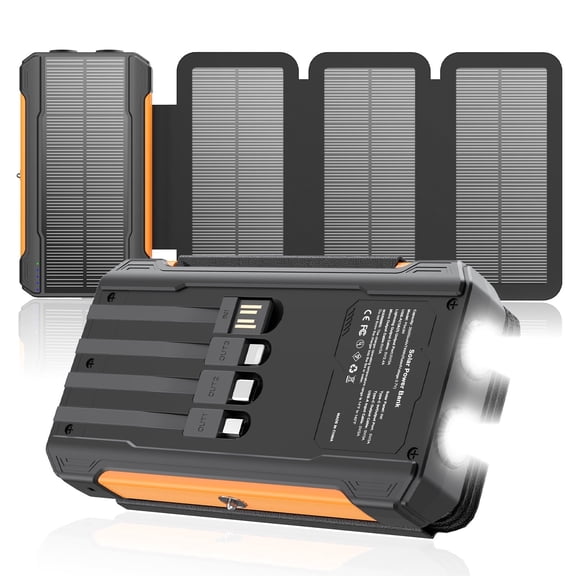 SOLPOWBEN 20000mAh Solar Power Bank with 4 Foldable Panels and 4 Built-In Cables, 15W Fast Charging Portable Charger for Cell Phone, Dual LED Flashlights Battery Pack for Camping, Travel