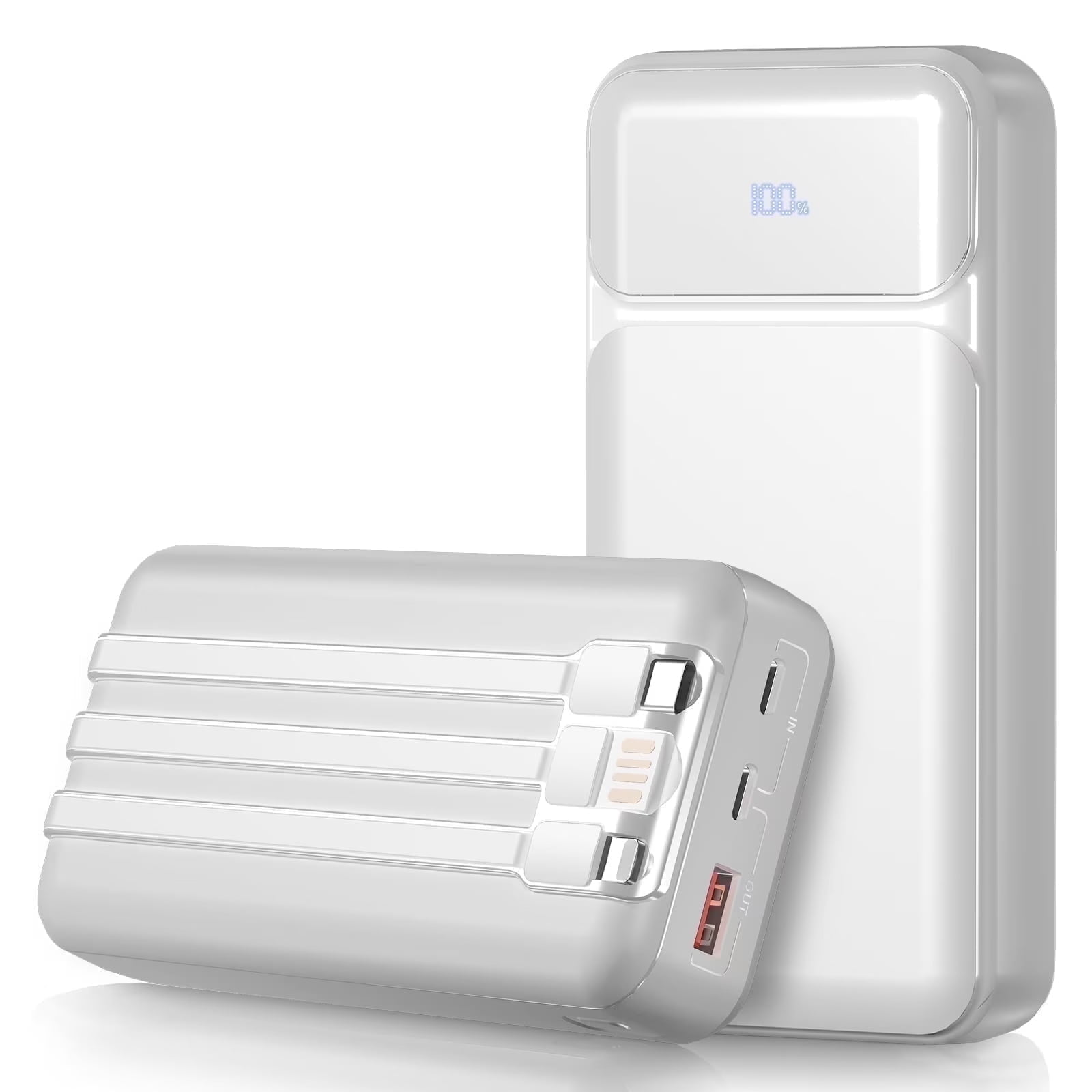 49800mAh Power Bank with Built in Cables, 22.5W Fast Charging Portable Charger, 4 Outputs 3 Inputs Led Display Battery Pack, Travel Essentials Phone Charger Compatible for iPhone/iPad/Samsung, White