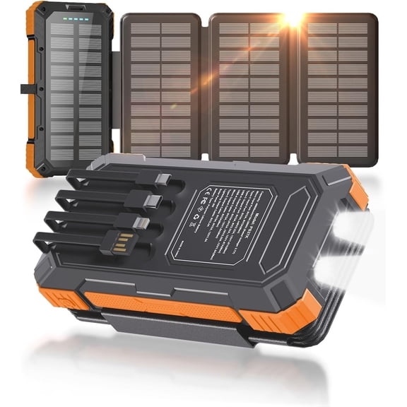SOLPOWBEN 49800mAh Solar Power Bank, PD22.5W Fast Charging Portable Charger with 4 Foldable Solar Panels, 4 Built-in Cables, Dual Flashlight and Carabiner for Camping, Travel, Outdoor Emergency