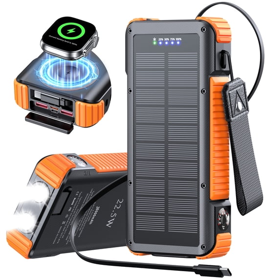 SOLPOWBEN 38800mAh Solar Power Bank, 22.5W Fast Charging Portable Charger with 27.6-Inch Retractable Cable, 3-in-1 Magnetic Wireless Charging for iPhone 12+, Watch & Earbuds