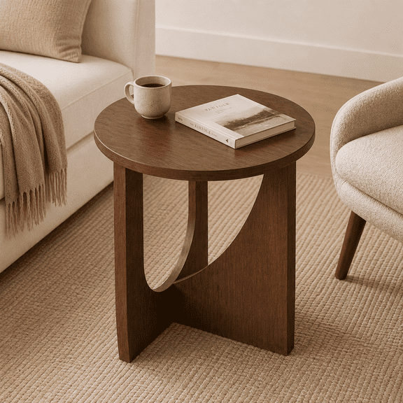 SOLTERIELLE 19.7" Small Round Coffee Table, Walnut Wood End Table with Sculptural Curved Base, Mid Century Modern Side Table, Living Room Table for Sofa, Bedroom & Small Spaces