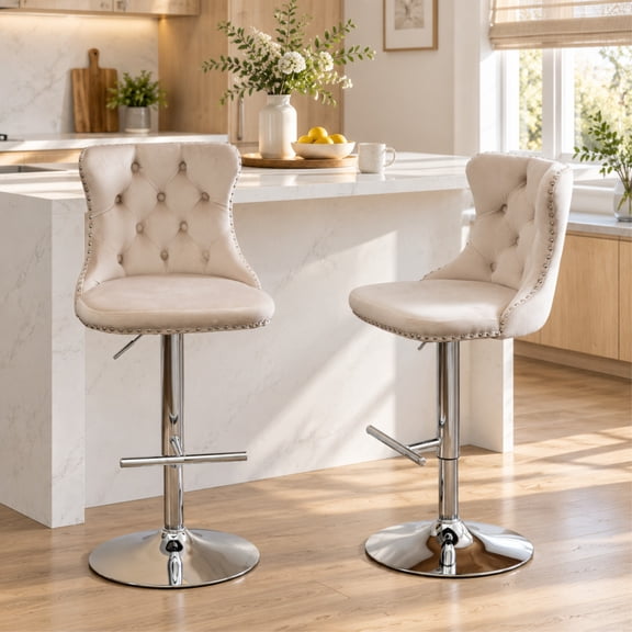 SOLTERIELLE Bar Stools Set of 2, Adjustable Swivel Bar Stools with Backs, Upholstered Counter Height Bar Stools, Tufted Kitchen Stools with Footrest and Chrome Base, Cream