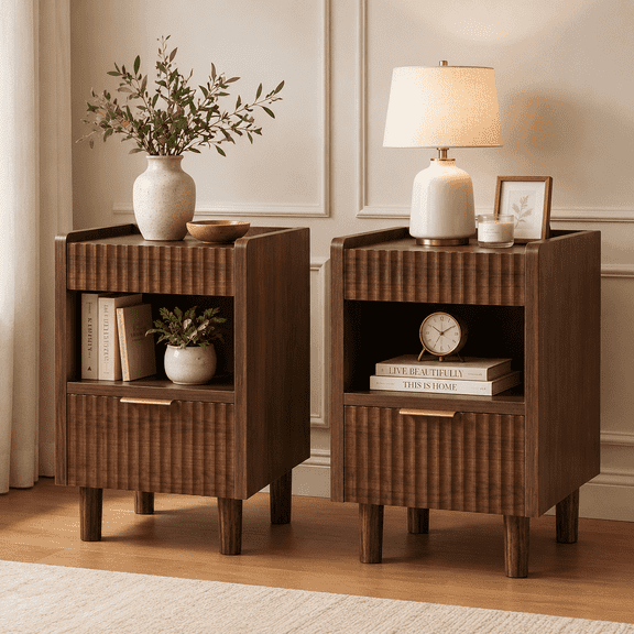 SOLTERIELLE Fluted Nightstands Set of 2 with 2 Drawers & Open Shelf, Walnut Wood Nightstand and Bedside Table with Storage, Mid Century Modern Small Night Stand Side Tables for Bedroom