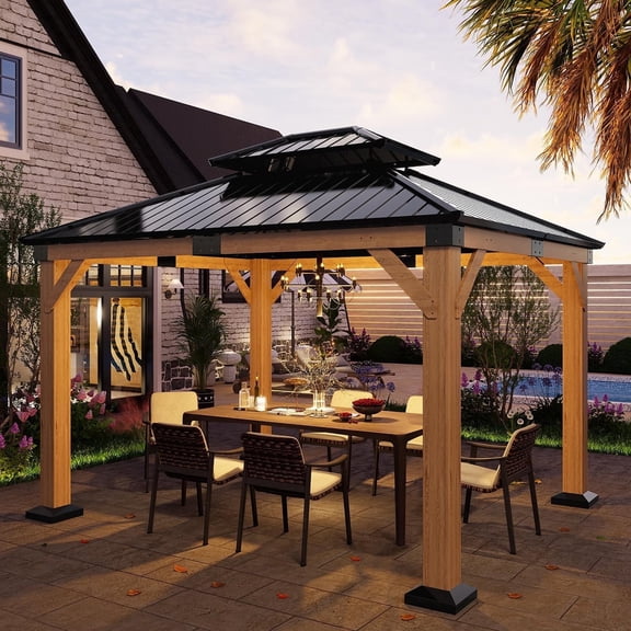 SOLUMIA 10'x12' Hardtop Gazebo Cedar Wood Frame with Double Galvanized Steel Roof, Brown, for Patio or Backyard
