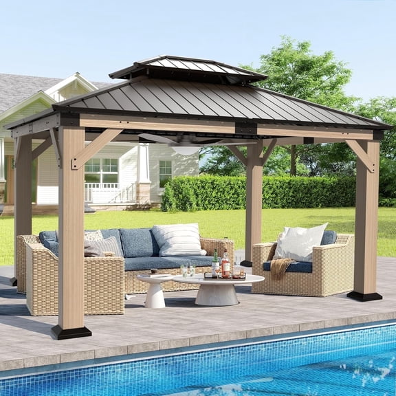 SOLUMIA 10' x 12' Cedar Wood Gazebo with Galvanized Steel Double Roof, Weather-Resistant Outdoor Pavilion for Patio Backyard Garden