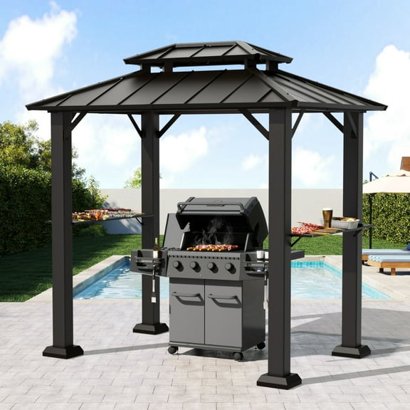 SOLUMIA 8' x 6' Hardtop Grill Gazebo with Galvanized Steel Roof, Aluminum Frame and Side Shelves for Patio