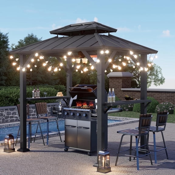 SOLUMIA 8'x6' Grill Gazebo with Double Roof, Aluminum Frame, Side Shelves, Galvanized Steel, for Patio, Backyard, Black