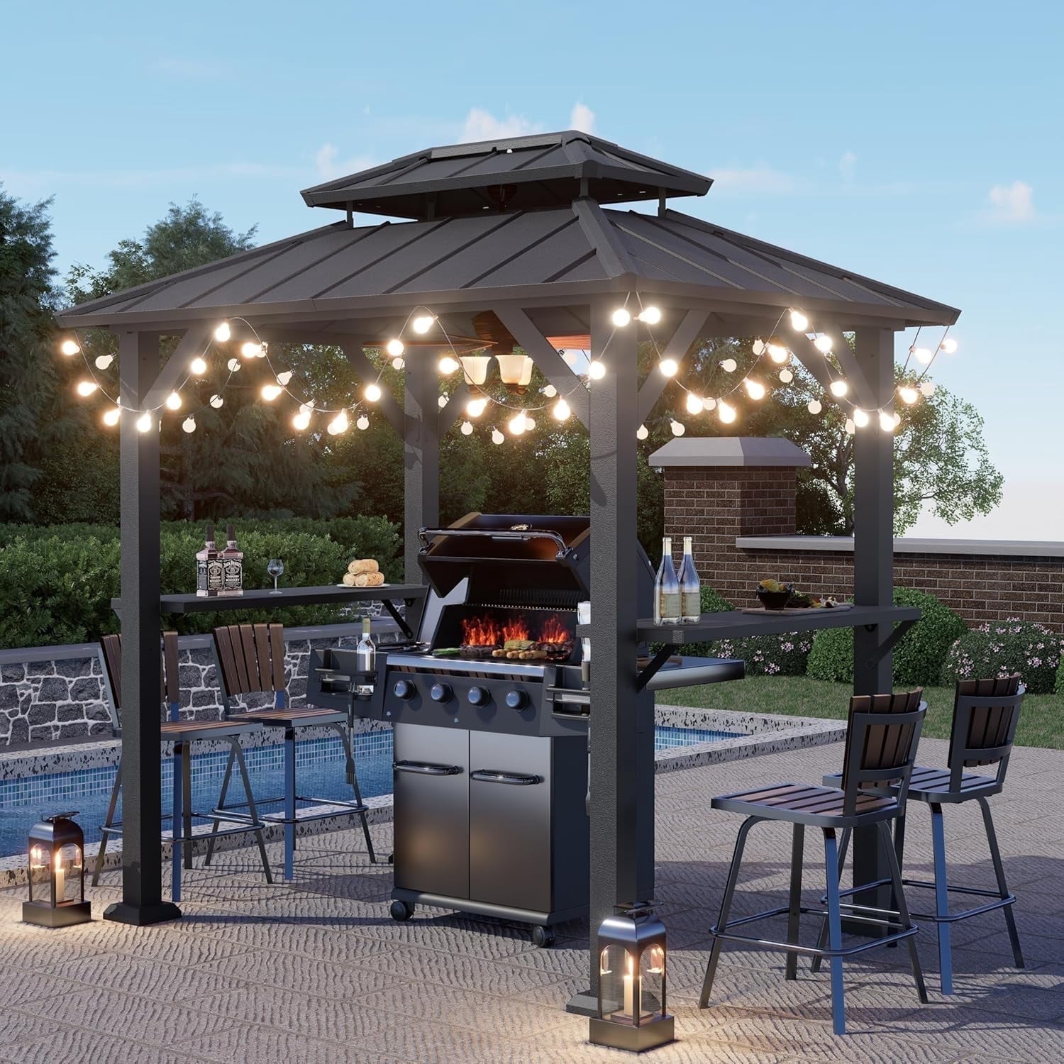 SOLUMIA 8'x6' Grill Gazebo with Double Roof, Aluminum Frame, Side Shelves, Galvanized Steel, for Patio, Backyard, Black