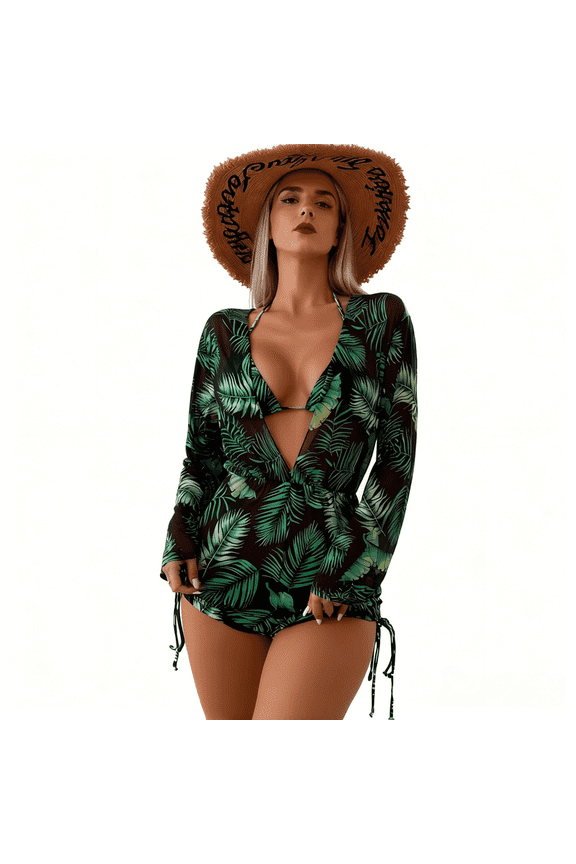 Women’s 3 Piece Swimsuit Set, Tropical Leaf Print Long Sleeve Cover Up with Triangle Bikini Top & Bottoms, V Neck Back Tie Bathing Suit for Beach & Pool (Green Palm Print, S)