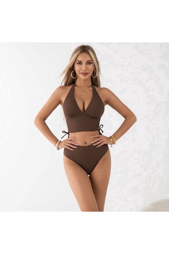 Women's High Waisted Ribbed Bikini Set, Side Tie Halter Neck Two Piece Swimsuit, S-XL