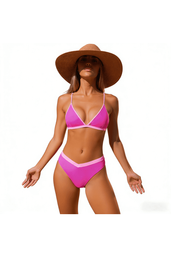 Women’s Two Piece Bikini Set, Triangle Top High Waisted V-Cut Bottoms, Contrast Trim Sexy Bathing Suit (Neon Pink)