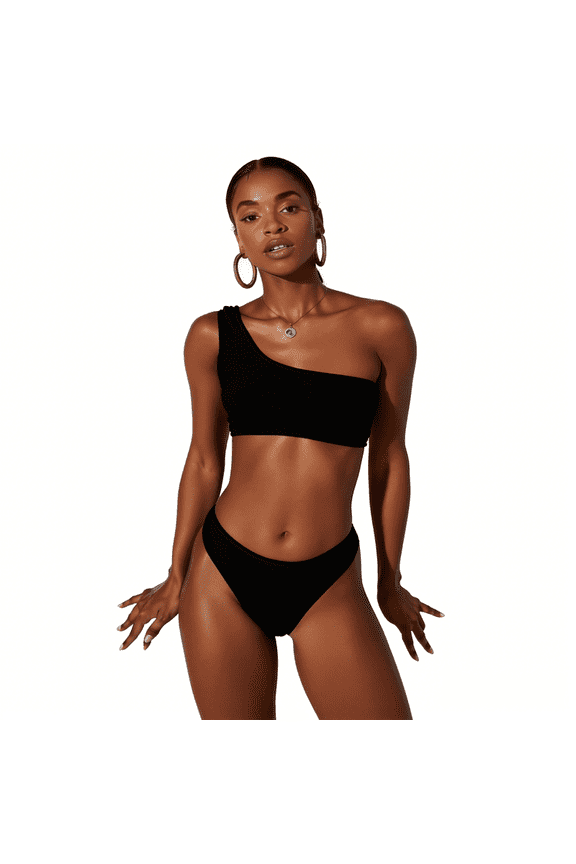 Women’s Two Piece Bikini Swimsuit, One Shoulder Textured Crop Top High Cut Cheeky Bottoms, 2 Piece Bathing Suit for Beach & Pool (BlACK-S)