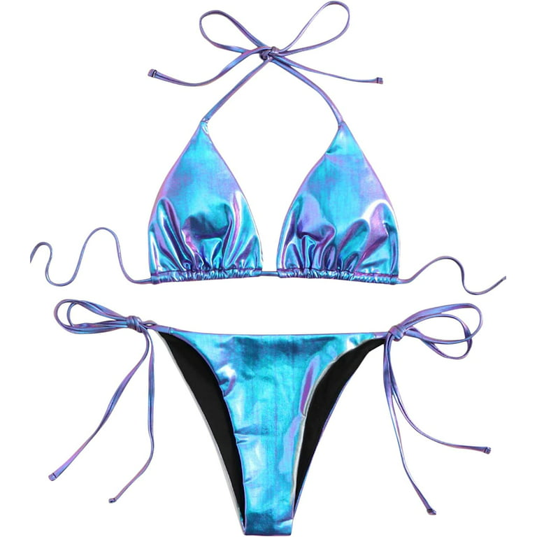 SOLY HUX Women's Metallic Halter Top Two Piece Swimsuit Tie Side Triangle  Bikini 