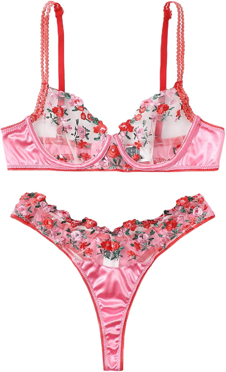 SOLY HUX Women's Sexy Sheer Mesh Floral Embroidery Lingerie Set Bra and ...