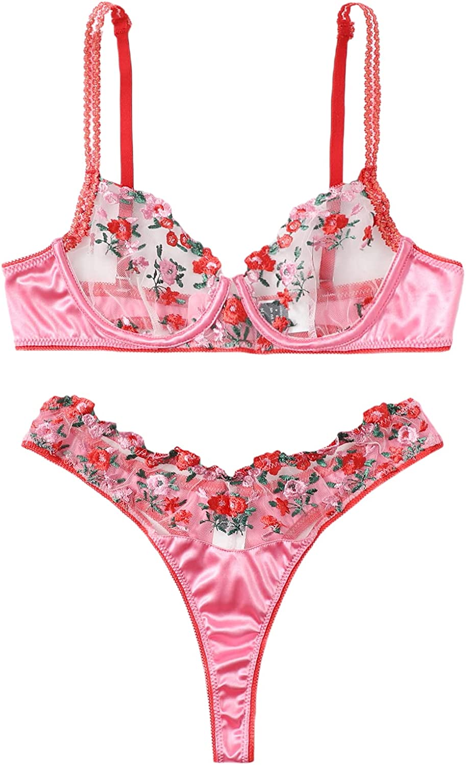 Soly Hux Women S Sexy Sheer Mesh Floral Embroidery Lingerie Set Bra And Panty