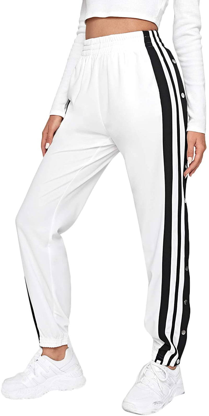 SOLY HUX Women's Sporty High Split Side Striped Joggers Snap Button