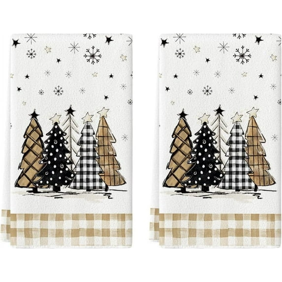 SOME THING Beige Brown Xmas Trees Christmas Kitchen Towels Dish Towels, 18x26 Inch Buffalo Plaid Daily Winter Decoration Hand Towels Set of 2
