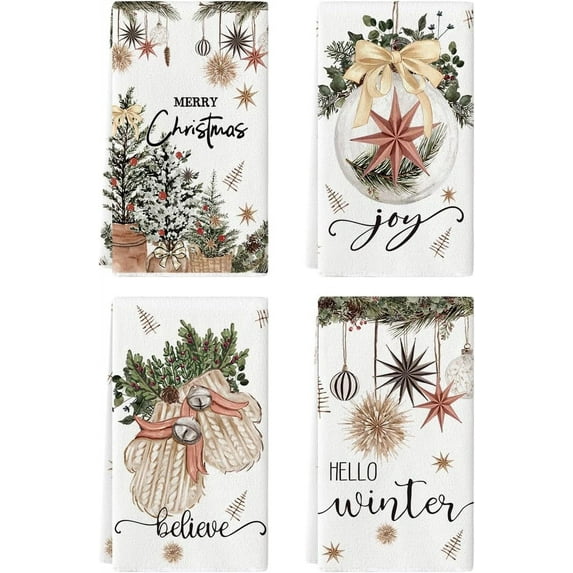 SOME THING Beige Xmas Tree Merry Christmas Kitchen Towels Dish Towels, 18x26 Inch Holiday Gloves Ball Hello Winter Decoration Hand Towels Set of 4