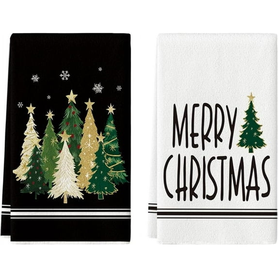 SOME THING Black Xmas Tree Merry Christmas Kitchen Towels Dish Towels, 18x26 Inch Farmhouse Star Holiday Winter Decoration Hand Towels Set of 2