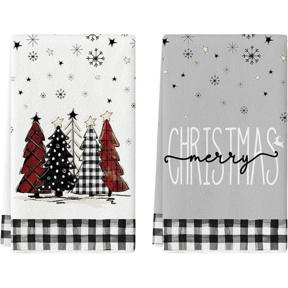 SOME THING Buffalo Plaid Merry Christmas Kitchen Towels Dish Towels, 18x26 Inch Winter Xmas Trees Star Decoration Hand Towels Set of 2