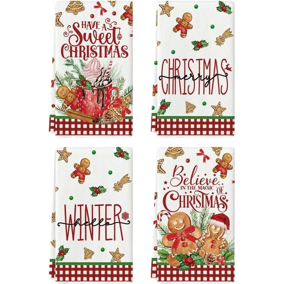 SOME THING Gingerbread Have A Sweet Christmas Kitchen Towels Dish Towels, 18x26 Inch Daily Holly Winter Decoration Hand Towels Set of 4