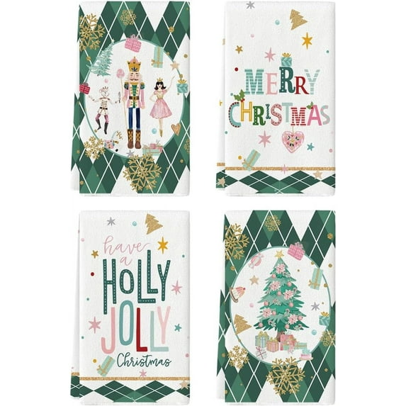 SOME THING Green Nutcrackers Tree Christmas Kitchen Towels Dish Towels, 18x26 Inch Snowflake Gift Box Winter Decoration Hand Towels Set of 4